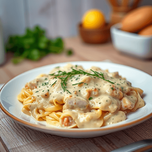 A-vibrant-image-of-Chicken-Tetrazzini-in-a-creamy-sauce-served-on-a-plate