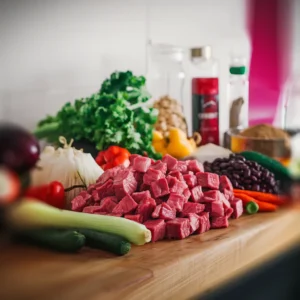 A-vibrant-layout-of-all-the-ingredients-including-diced-steak-stew-meat-fresh-vegetables-beans-and-spices-displayed-on-a-wooden-countertop