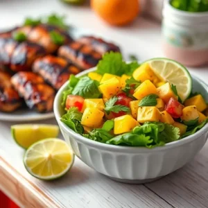 A-vibrant-mango-and-avocado-salad-in-a-bowl-with-lime-wedges-on-the-side-placed-next-to-grilled-jerk-chicken.This-image-emphasizes-freshness-and-the-tropical-flavors