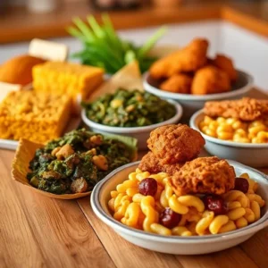 A-vibrant-soul-food-spread-featuring-fried-cornbread-collard-greens-fried-chicken-and-macaroni-and-cheese-highlighting-its-place-in-African-American-culinary-traditions - recipesfair.com