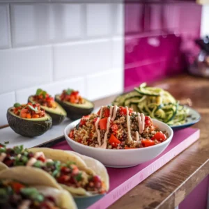 A-vibrant-spread-featuring-taco-stuffed-avocados-a-zucchini-noodle-stir-fry-and-a-roasted-veggie-quinoa-bowl-garnished-with-tahini-dressing