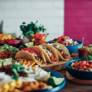 A-vibrant-spread-showcasing-different-variations-including-tacos-burritos-and-bowls-surrounded-by-fresh-garnishes-and-sauces