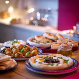 A-vibrant-table-featuring-traditional-dishes-like-dolmas-spanakopita-and-baba-ghanoush-arranged-with-fresh-pita-and-a-small-pitcher-of-olive-oil