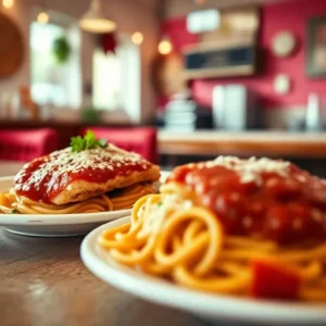 A-vintage-style-photo-of-an-Italian-American-restaurant-serving-chicken-parm-with-spaghetti-and-marinara-sauce