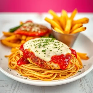 A-visual-comparison-of-chicken-parm-served-with-spaghetti-roasted-vegetables-and-French-fries-to-showcase-its-versatility