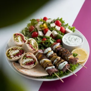 A-visually-appealing-platter-featuring-Greek-salad-falafel-wraps-and-souvlaki-skewers-with-pita-and-tzatziki