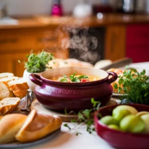 A-warm-family-dinner-table-with-a-steaming-pot-of-soup-in-the-center-surrounded-by-bread-and-fresh-herbs