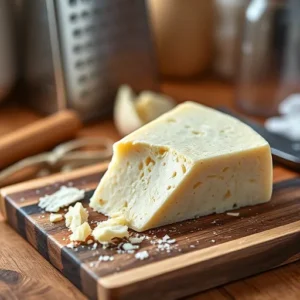 A-wedge-of-Parmesan-cheese-on-a-wooden-board-with-shavings-and-a-grater-nearby.-recipesfair.com