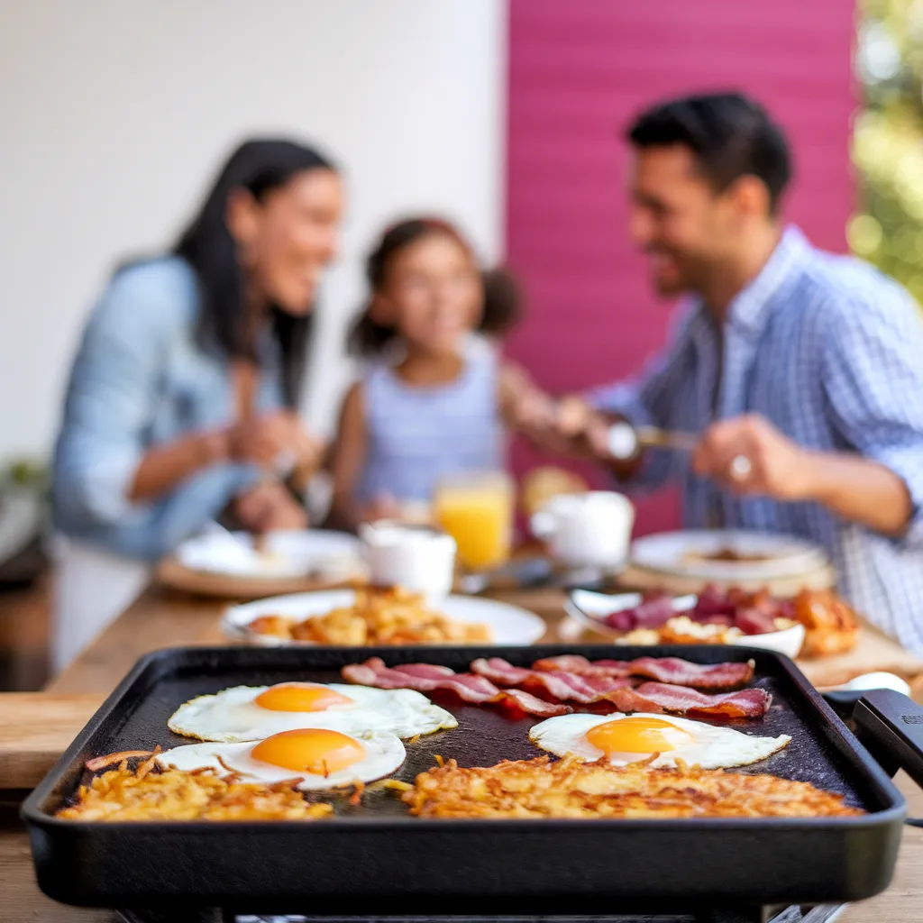 A happy family enjoying breakfast outdoors in the background with no so much details, with a Blackstone griddle don’t show the brand in the background sizzling with breakfast favorites like eggs, bacon, and hash browns.