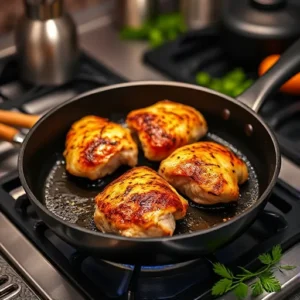 Chicken being seared in a pan.
