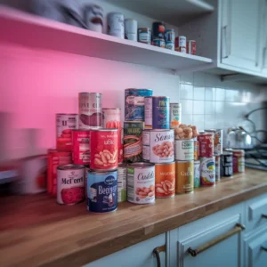 An-assortment-of-canned-beans-displayed-on-a-kitchen-countertop-with-open-cans-showing-the-beans-and-their-preserving-liquid