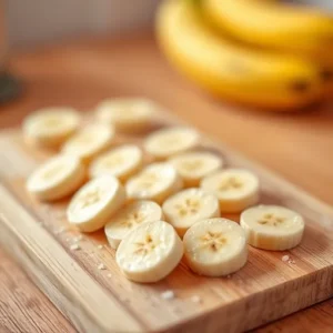 Banana-slices-being-evenly-coated-with-a-commercial-anti-browning-spray-on-a-cutting-board-recipesfair.com