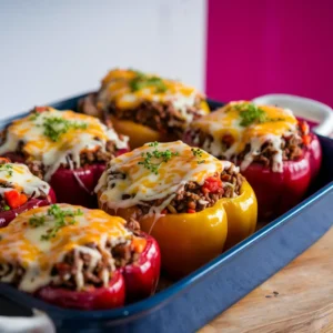 Bell-peppers-stuffed-with-beef-rice-and-vegetables-topped-with-melted-cheese-in-a-baking-dish