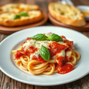 A serving of baked ziti on a white plate, with melted mozzarella cheese and marinara sauce, garnished with fresh basil, placed on a rustic wooden table with garlic bread in the background.