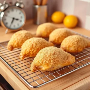 Breaded-chicken-resting-on-a-wire-rack-with-a-small-gap-between-each-piece-to-show-proper-spacing-and-a-clock-nearby-indicating-the-resting-time-recipesfair.com