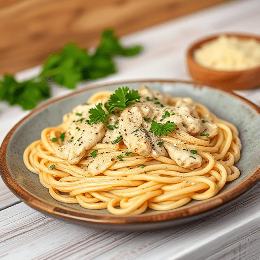 Can-you-use-chicken-stock-instead-of-pasta-water-A-creamy-chicken-pasta-dish-with-parsley-garnish-and-a-side-of-grated-Parmesan-served-on-a-rustic-plate