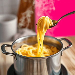 
Can-you-use-chicken-stock-instead-of-pasta-water-A-pot-of-boiling-pasta-with-steam-rising-and-a-ladle-lifting-out-starchy-pasta-water.