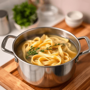 Can-you-use-chicken-stock-instead-of-pasta-water-A-pot-of-fettuccine-simmering-in-chicken-stock-with-steam-rising-and-fresh-herbs-visible-in-the-pot