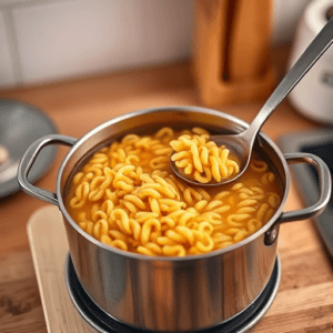 Can-you-use-chicken-stock-instead-of-pasta-water-A-pot-of-rotini-cooking-in-chicken-stock-with-a-ladle-nearby-showcasing-the-golden-flavorful-liquid