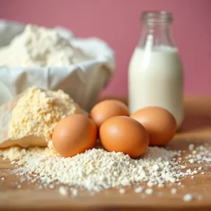 Is Cornbread Healthy? Close-up-of-cornmeal-flour-eggs-and-buttermilk-arranged-on-a-wooden-counter