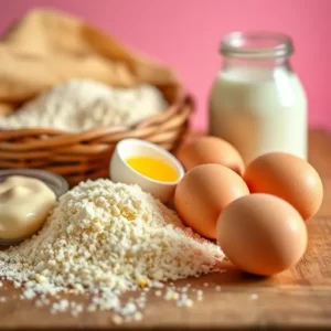 Close-up-of-ingredients-like-cornmeal-buttermilk-and-eggs-arranged-on-a-wooden-countertop