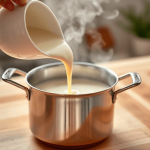 Cream-and-chicken-broth-being-poured-into-the-saucepan-with-steam-rising