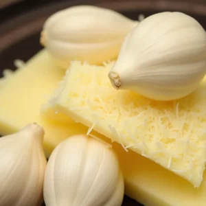 Close-up of fresh garlic cloves and grated parmesan cheese.