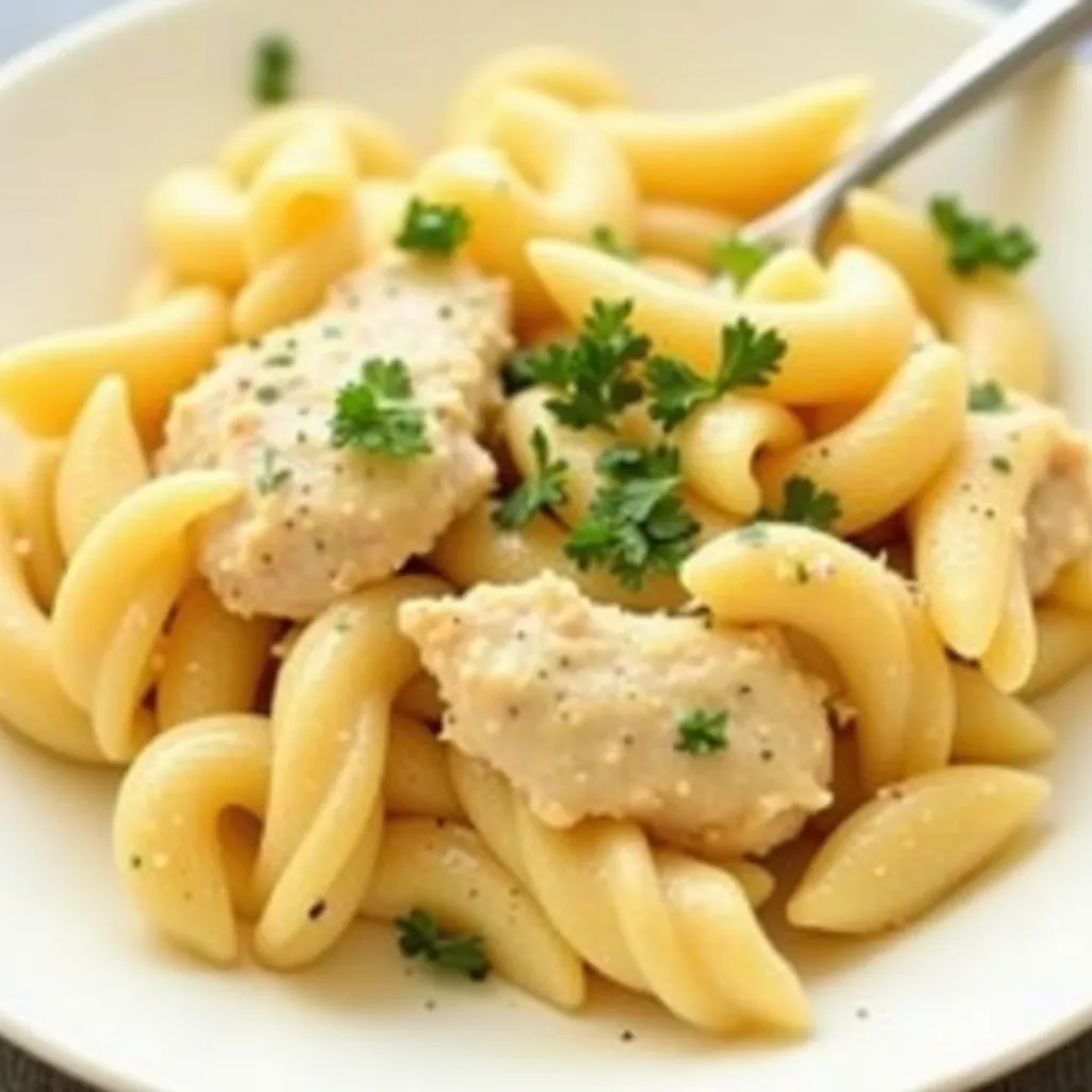 A plate of creamy garlic parmesan chicken pasta, garnished with parsley.