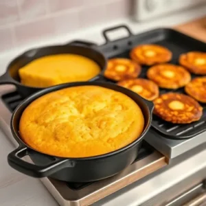 Difference between cornbread and Johnny cakes DiffereA-cast-iron-skillet-of-cornbread-fresh-out-of-the-oven-next-to-a-griddle-with-golden-Johnny-cakes-cooking-emphasizing-the-contrast-in-preparation-methods