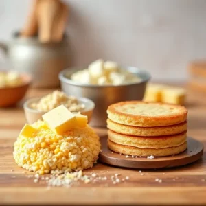 Difference between cornbread and Johnny cakes Display-of-cornbread-ingredients-cornmeal-eggs-butter-next-to-Johnny-cake-ingredients-cornmeal-water-salt-for-a-visual-comparison-of-their-simplicity-and-complexity