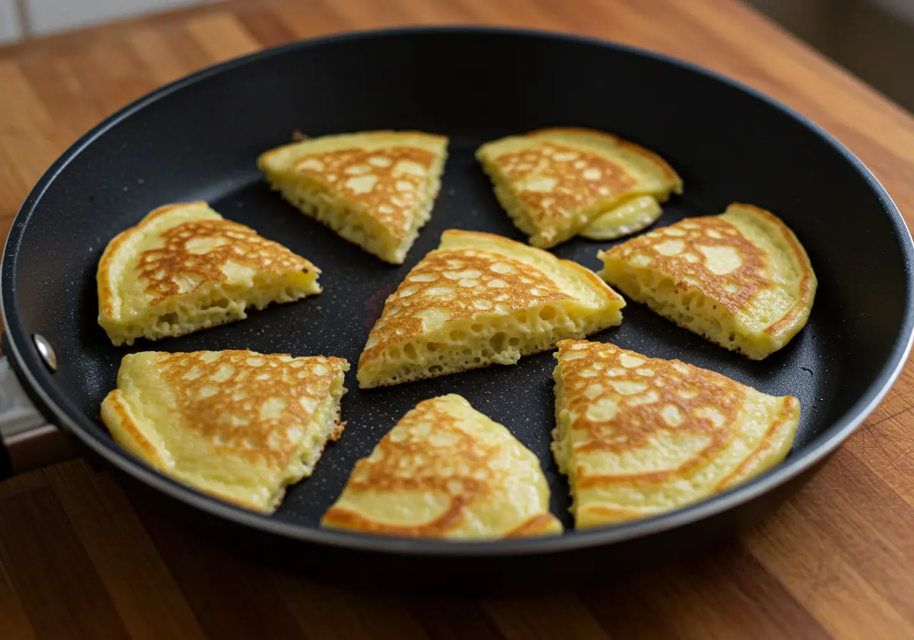 Flipping Scrambled Pancakes scrambled pancake pieces in a skillet.