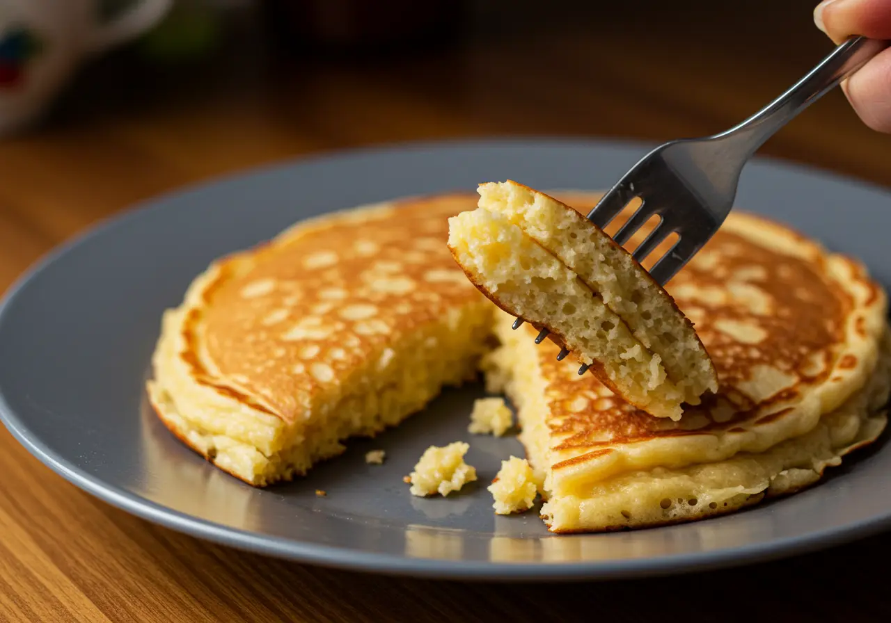 Fluffy Scrambled Pancakes Close-up of fluffy scrambled pancakes with a fork.