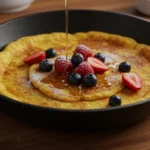 Skillet of golden scrambled pancakes topped with berries and syrup.