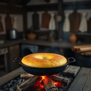 Historical-depiction-of-cornbread-being-cooked-over-a-fire-in-a-rustic-kitchen-setting