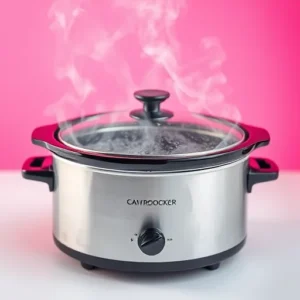 crockpot with visible steam condensing under the lid, illustrating how the sealed environment retains moisture