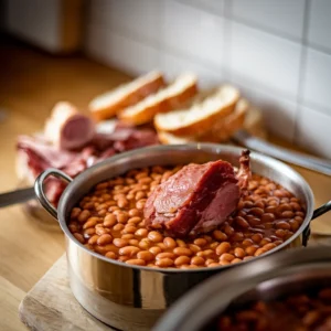 Photo-of-baked-beans-served-with-various-meats