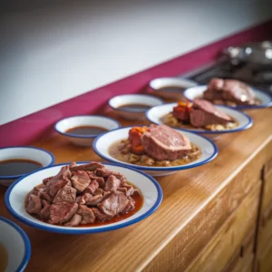 Plated-dishes-of-stir-fried-beef-heart-stuffed-beef-heart-and-beef-heart-soup-showcasing-variety