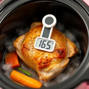 Food thermometer in chicken showing temperature.