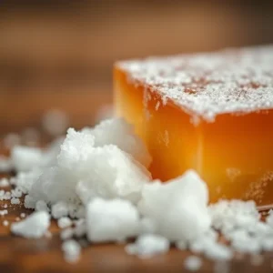 A close-up of sugar, corn syrup, and gelatin.