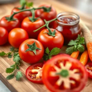 tomatoes, tomato paste, and fresh vegetables arranged on a cutting board, illustrating the ingredients’ impact on sauce consistency.