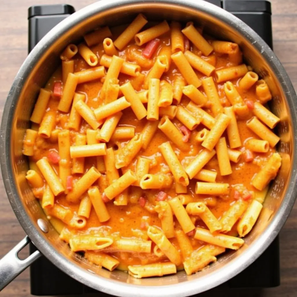 A skillet filled with creamy pasta being mixed with chicken and Rotel sauce.