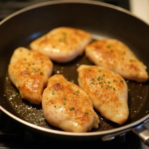 A skillet with golden, seasoned chicken breasts being cooked.
