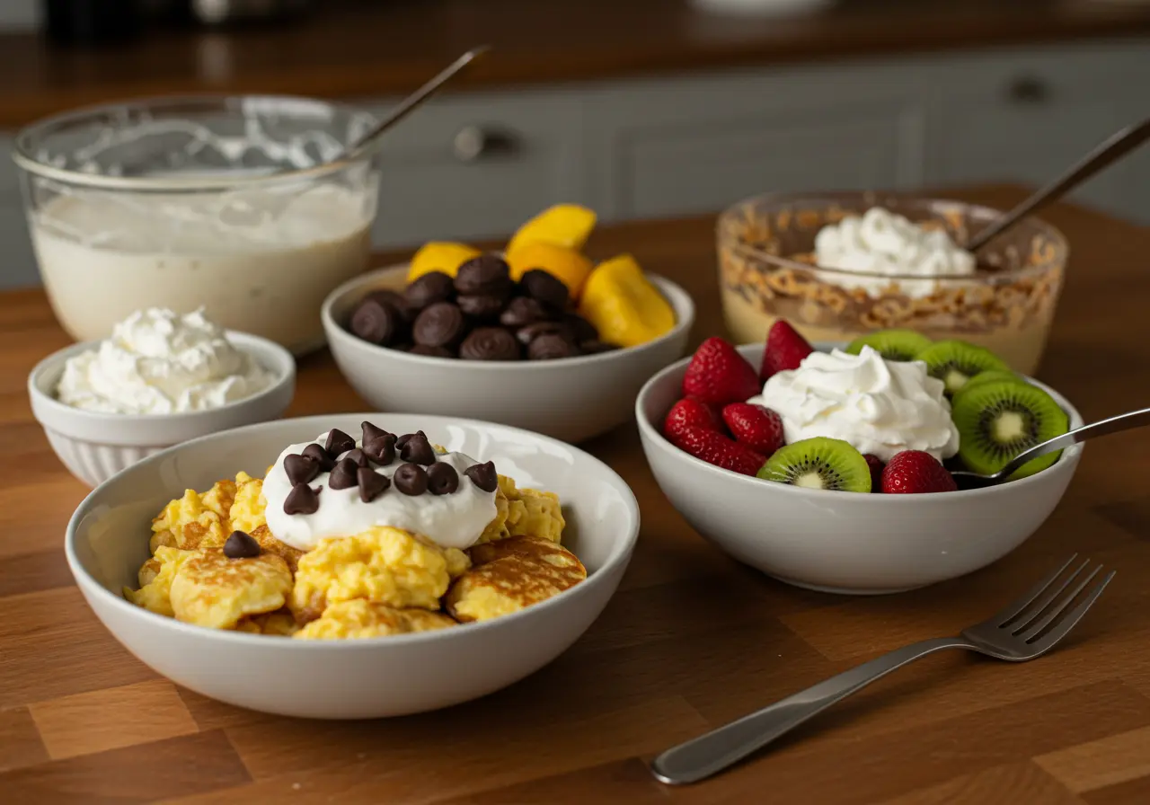 Scrambled Pancakes with Topping Options Breakfast table with scrambled pancakes and assorted toppings