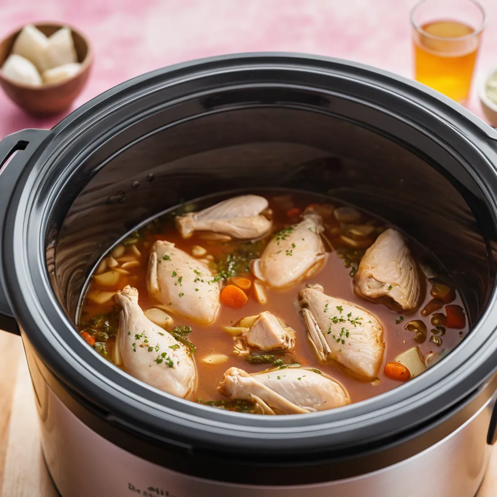 Chicken simmering in broth in a crockpot.