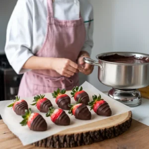 Side-by-side-images-one-showing-chocolate-melting-in-a-double-boiler-and-the-other-highlighting-perfectly-dipped-strawberries-on-parchment-paper