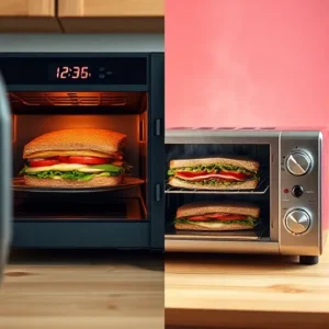 Side-by-side-images-showing-a-sandwich-in-the-microwave-with-a-timer-and-another-in-a-toaster-oven-recipesfair.com