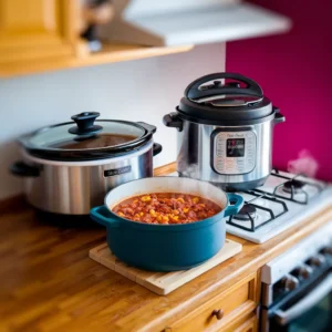 ide-by-side-visuals-of-chili-being-prepared-in-a-slow-cooker-Instant-Pot-and-stove-pot-with-steam-rising-and-vibrant-colors