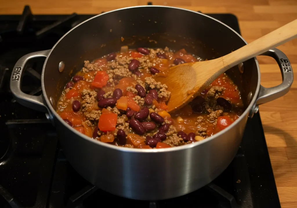 A rich pot of chili bubbling away on the stove, blending bold spices and hearty ingredients to perfection