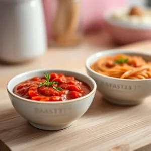 Two-small-bowls-of-Rasta-pasta-sauce—one-vibrant-red-and-spicy-the-other-creamier-and-milder-recipesfair.com