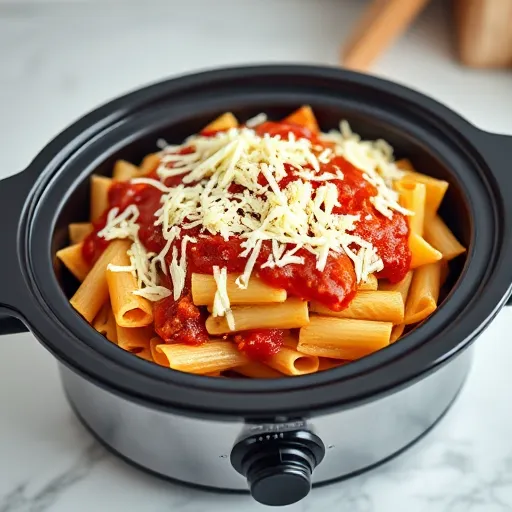 A slow cooker filled with uncooked ziti pasta layered with marinara sauce, ricotta cheese, and shredded mozzarella, ready to cook, with natural kitchen lighting